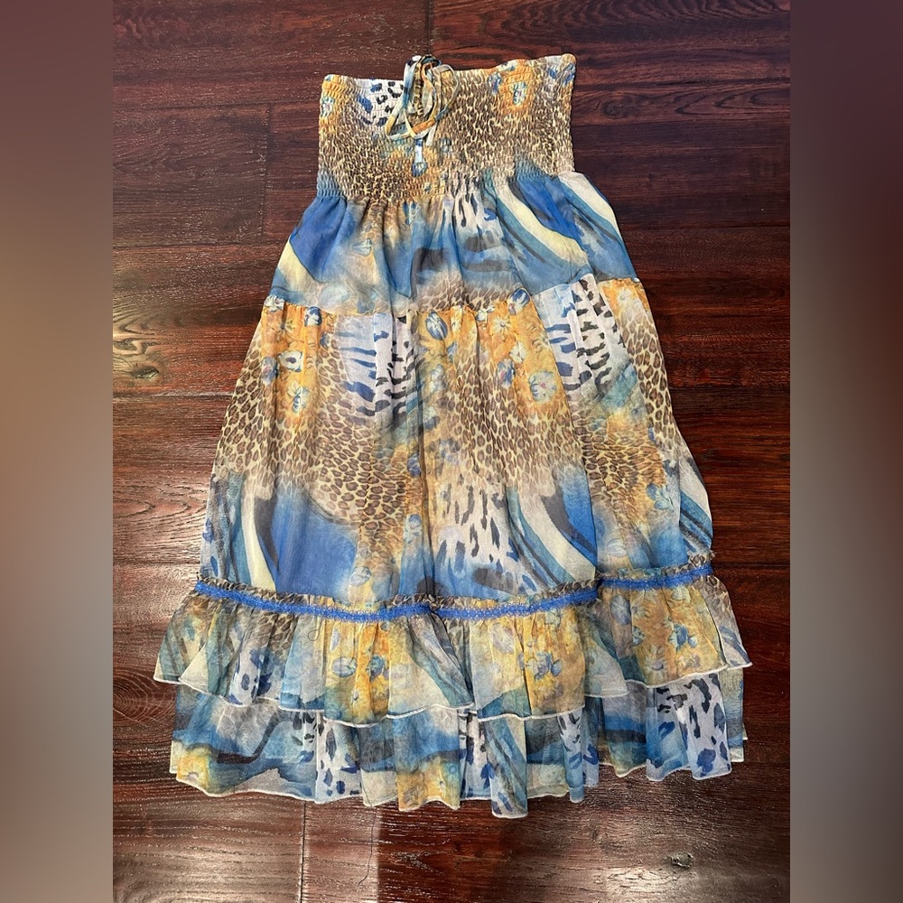 LAPIS Girls Size Small Blue & Gold Gathered Elastic Tube Top Dress
